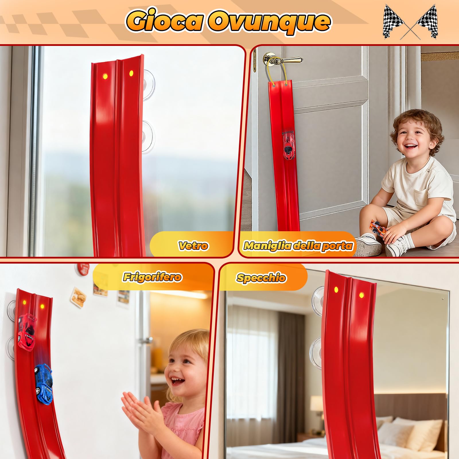 Pista Macchinine 5M Pista Flessibile Macchinine 4 Macchinine 2 Rampe 1 Borsa Portaoggetti 4 Ventose Regalo Flexible Car Track per Bambini 4 5 6 7 Anni (Rosso)