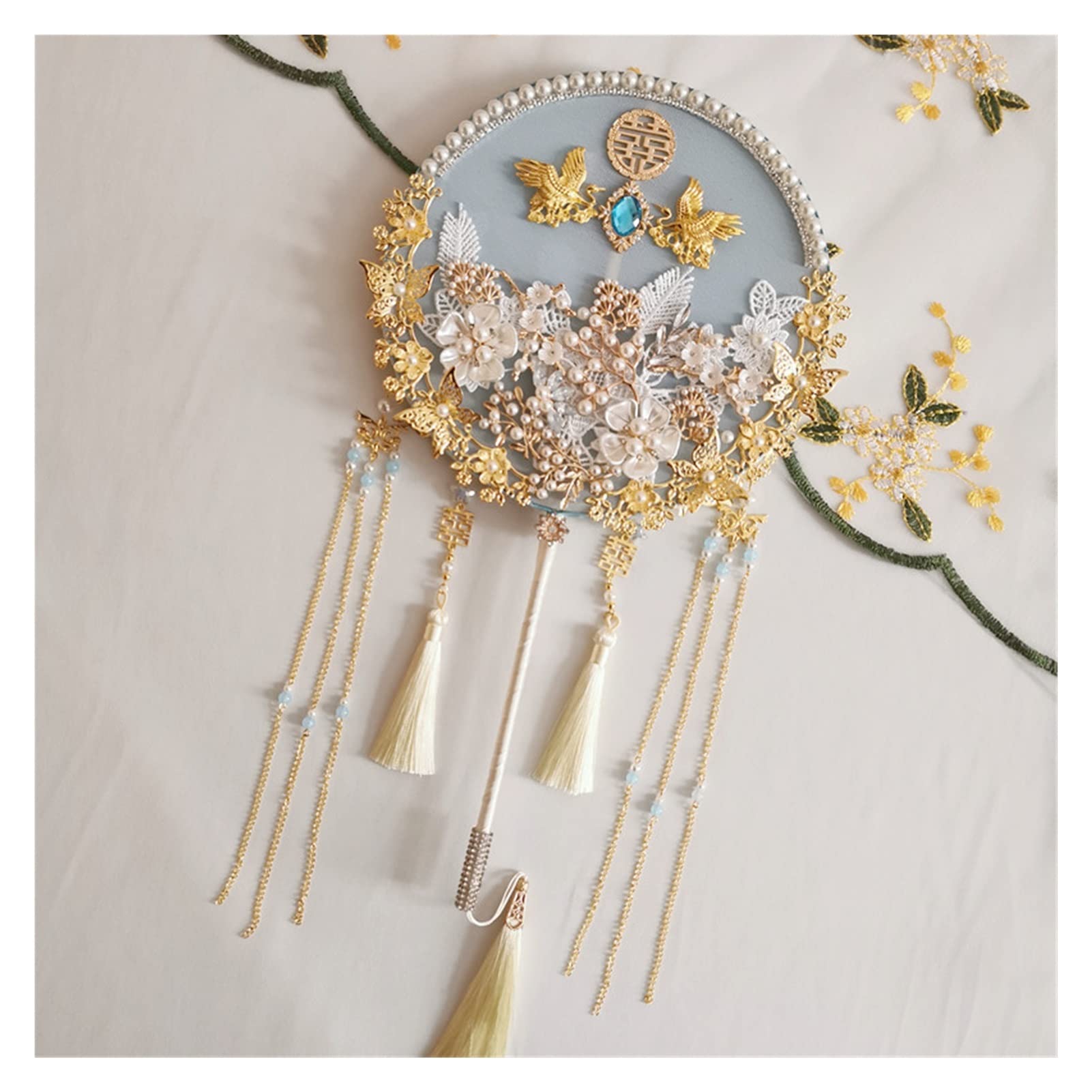 SUNMME Blue 20cm*39cm Home Decorative Fan Metal Flower Imitation Pearls Tassels Wedding Bride Women Dance Photography Props