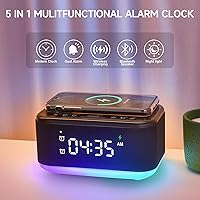 Vista 2 de Reloj despertador con altavoz, cargador inalámbrico, relojes despertadores digitales para dormitorios con Bluetooth, reloj despertador con luz Negro