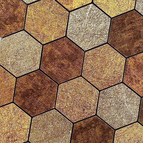 Tenashome Metal Backsplash Peel And Stick Hexagon Tile Stick On Kitchen Bathroom Fireplace In Embossing Retro Gold Foil,1-Sheet #TOP6
