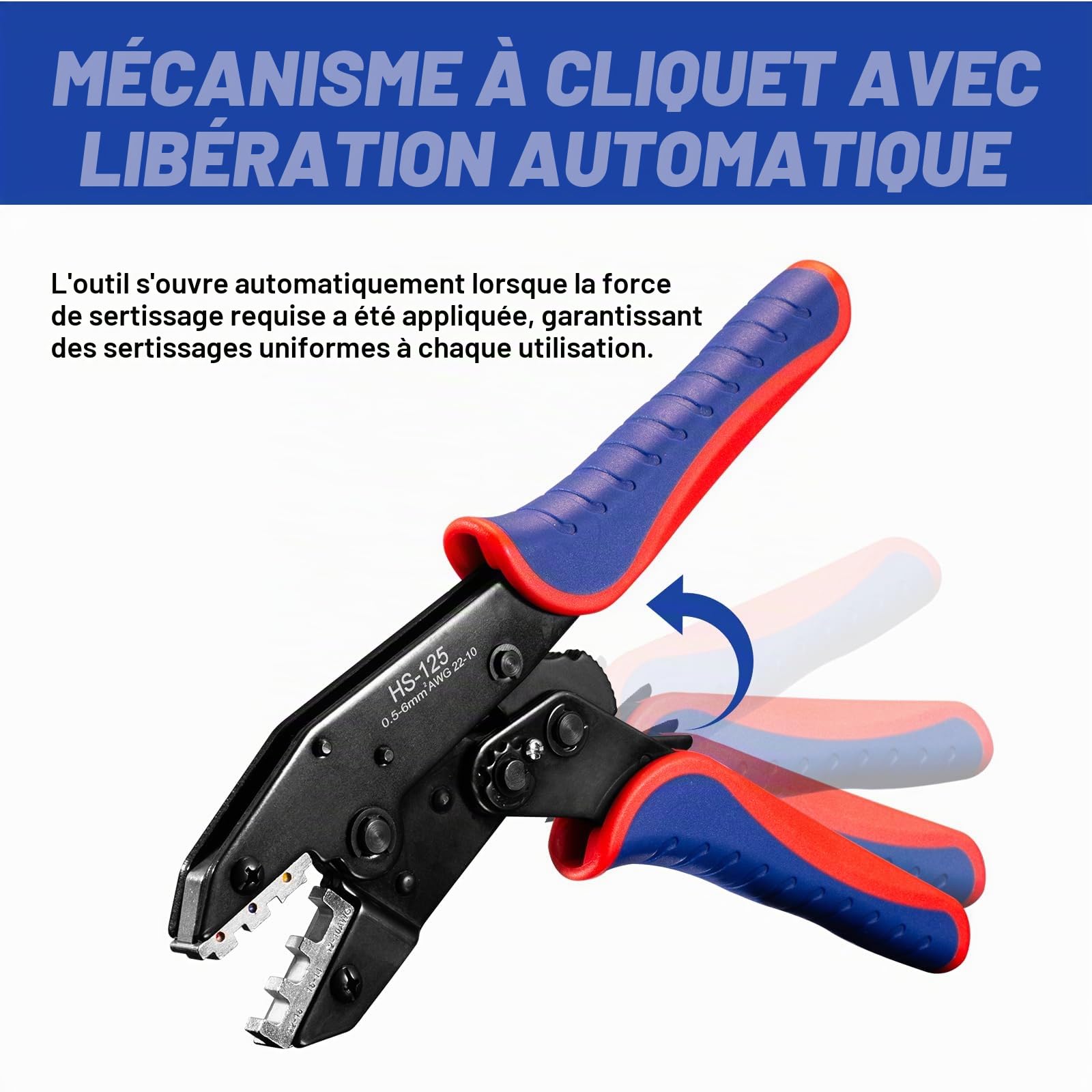 Pince à Sertir Kit, pince à cliquet pour gaines thermorétractables, nylon isolé, non isolé, embouts à bague, cosses à corps ouvert, connecteurs solaires - avec 6 matrices interchangeables