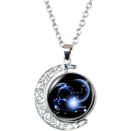 DEQIYIJI Zodiac Necklace Jewelry Birthday Gifts Astrology 12 Constellation Horoscope Sign Galaxy Crescent Half Moon Pendant Necklace