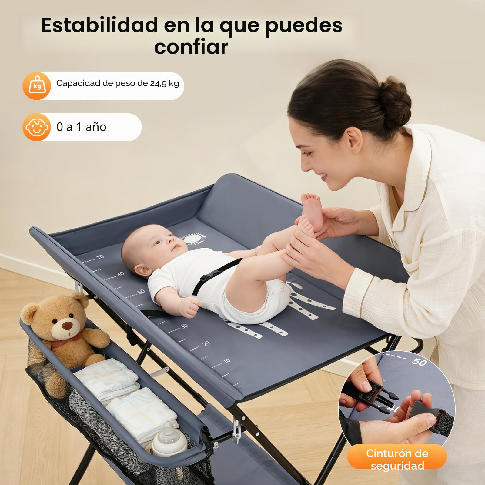 Cambiador plegable para bebé, con cambiador, cinturón de seguridad y compartimentos, ahorra espacio, estable (con ruedas)