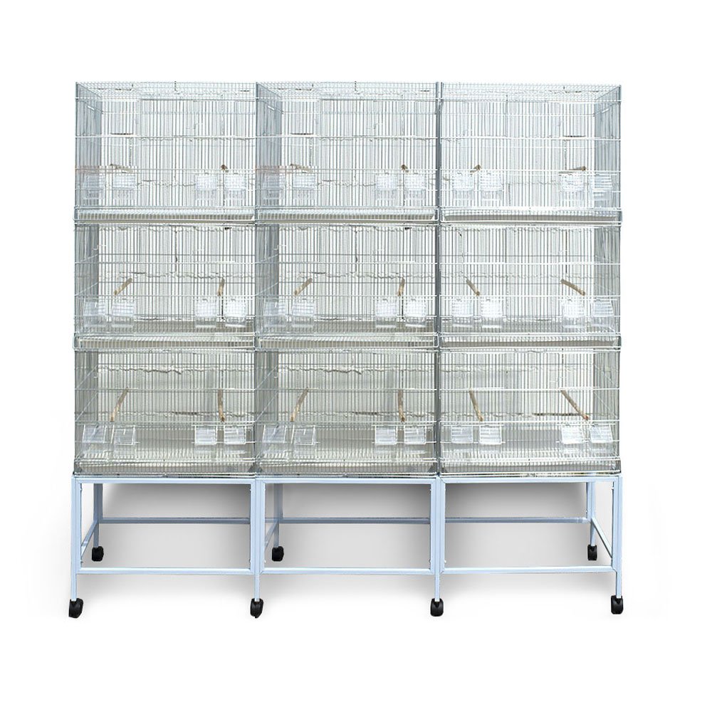 Pet's Solution - Batteria Gabbie da Cova Silver con Carrello e Accessori, per Allevamento, Riproduzione ed Esposizione Uccelli - 3 Moduli con 9 Gabbie di 60x42x43h cm