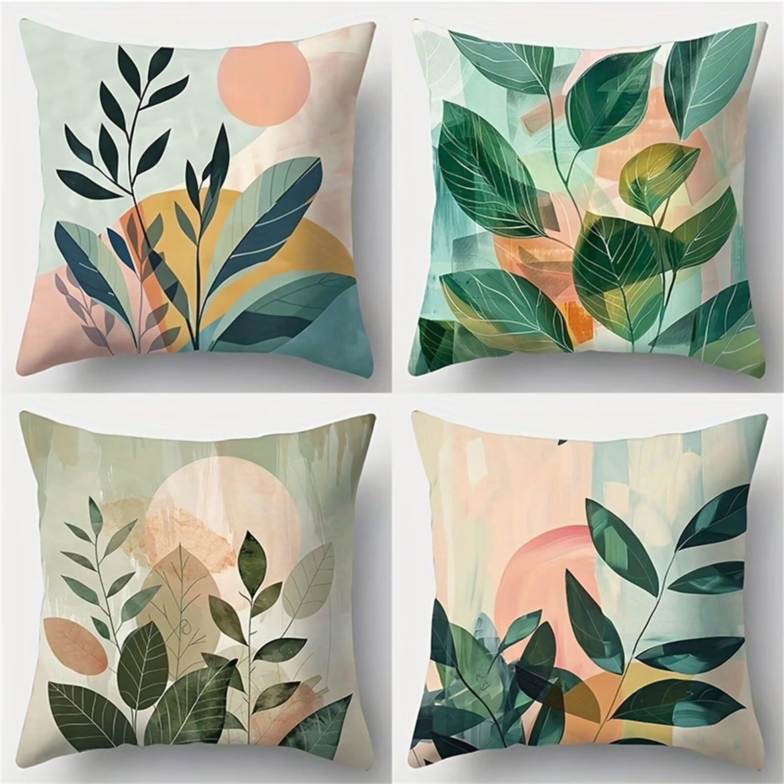 QiHon Cushion Covers 55x55 cm Set of 4 Pink Green Leaves Linen Square Pillow Cases 22x22 inch Modern Decorative Throw Pillow Covers for Sofa Couch Bedroom Home Office with Invisible Zipper
