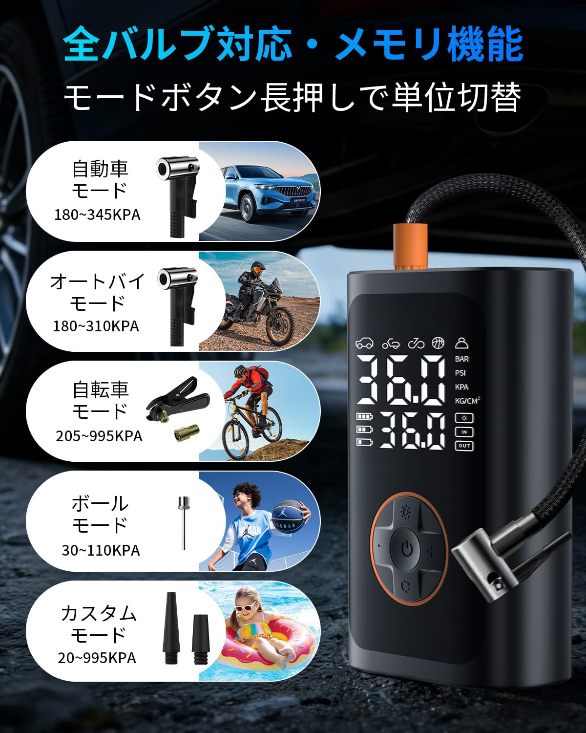 電動空気入れ 全バルブ対応 自動車/バイク/自転車用 大容量バッテリー USB-C充電 4000ｍAh モバイルバッテリー機能 米/仏/英式バルブ対応 LEDライト付き 自動停止 モバイルコンプレッサー PSE認証すみ - 5
