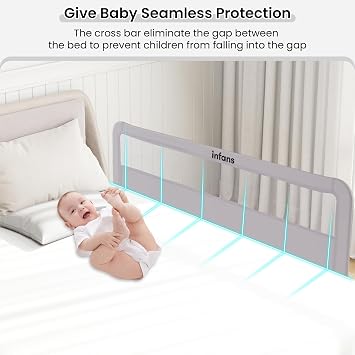 INFANS Bed Rail for Toddlers, 150 x 55 cm Extra Long Foldable Safety Bed Guard, Anti-Fall Mesh Guardrail for Convertible Crib, Queen, Full, King Mattress (Light Gray, 59'')