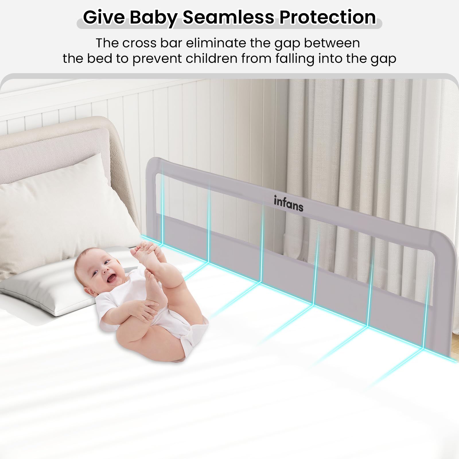 INFANS Bettgitter für Kleinkinder, 150 cm, faltbares Sicherheitsgitter für Babybett, extra lang, schwenkbar, Bettschutzgitter für Cabrio, Queen-Size-Bett, Matratzenschutz, Hellgrau