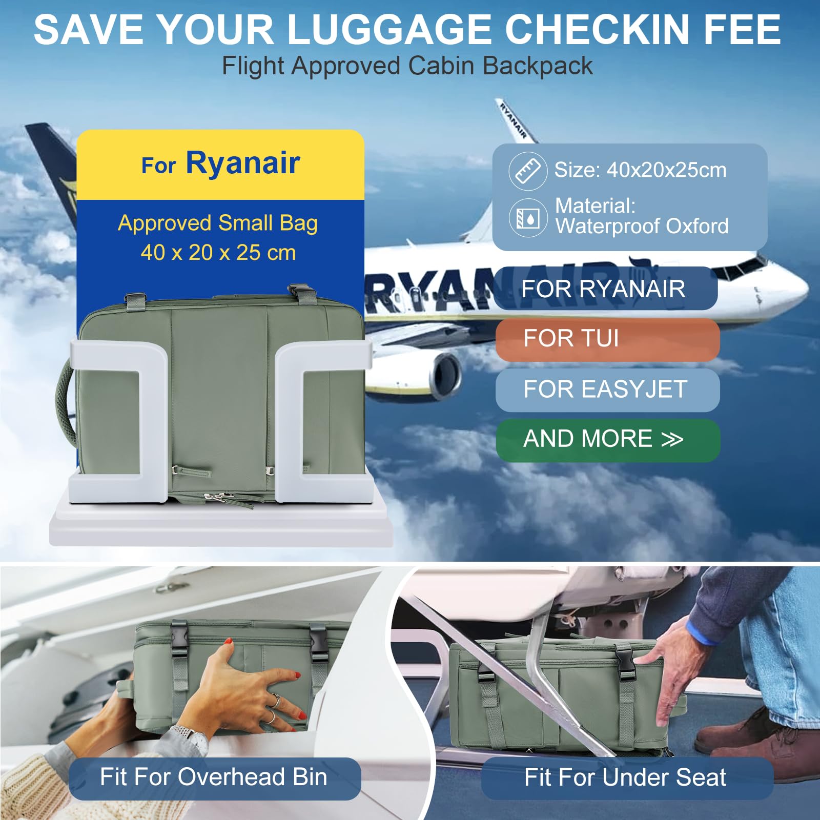 SZLX Zaino Ryanair 40x30x20 Sottovuoto con Pompa Zaino Ryanair 40x20x25 Donna Zaino da Viaggio Wizzair Bagaglio a Mano Uomo per Laptop da 14 Pollici Borse da Cabina 45x36x20 Easyjet con Porta Scarpe