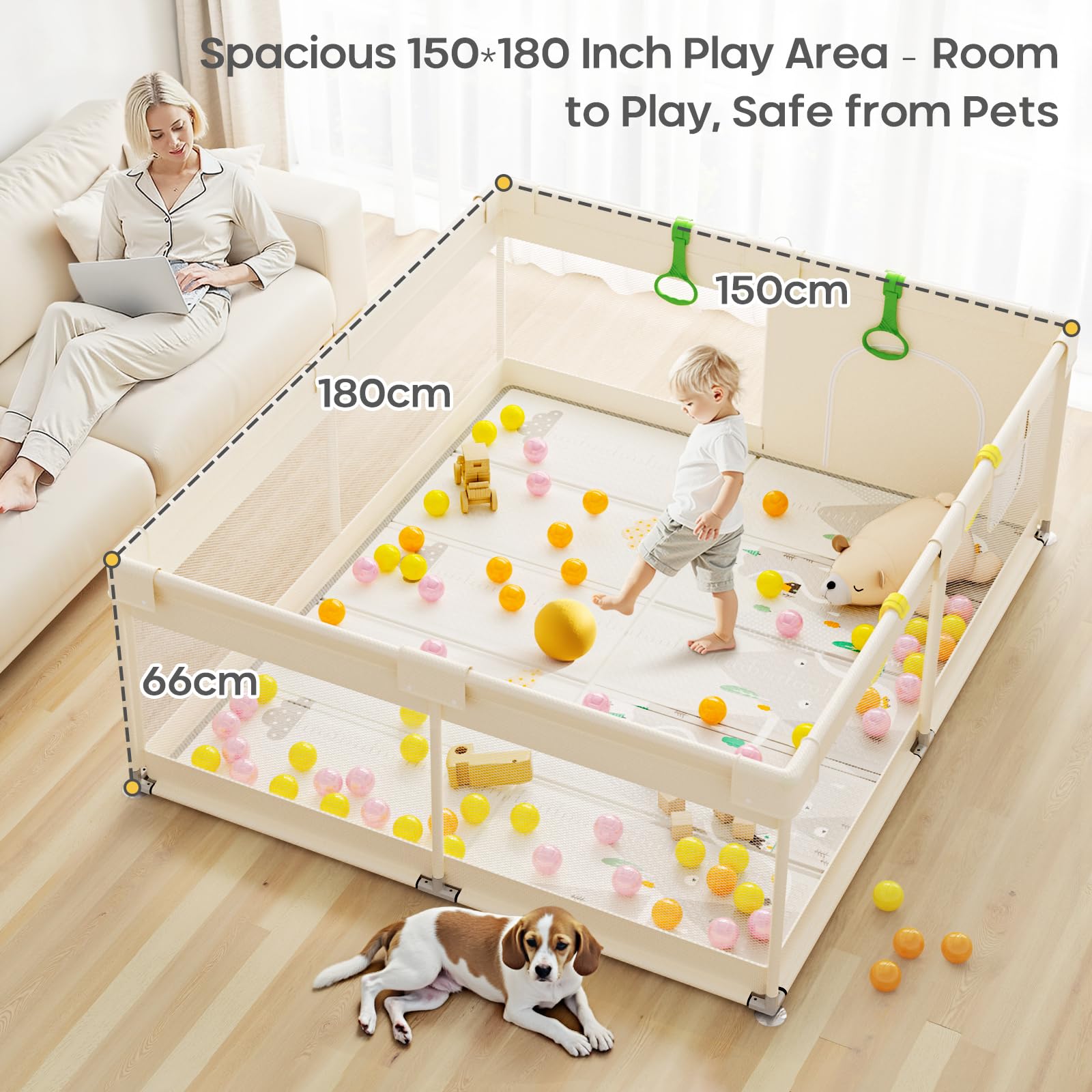 Beige Box Bambini con Materassino - Box Neonato 150×180cm,Recinto per Bambini con 4 Anelli,Imbottitura Morbida