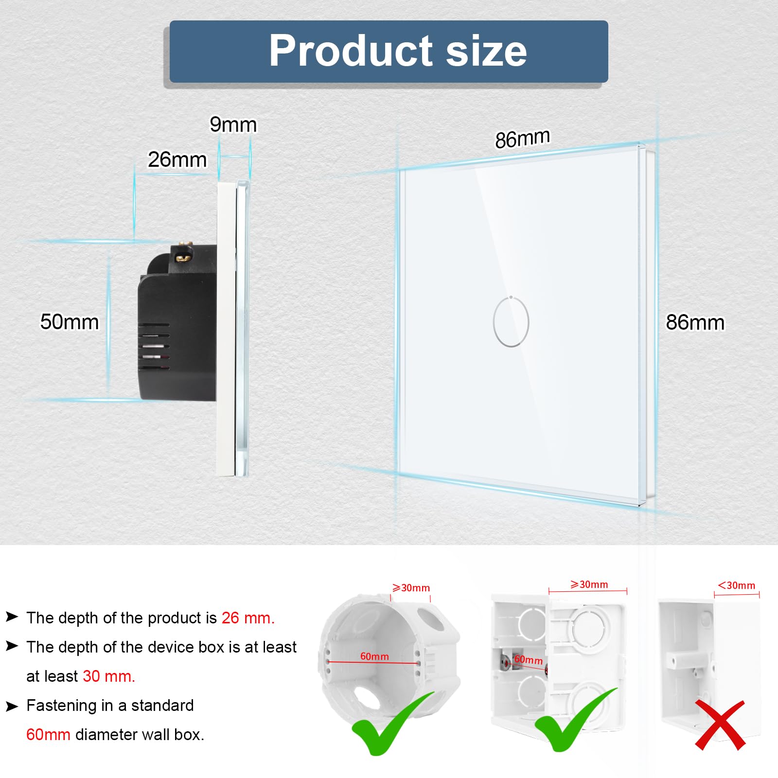 CNBINGO 2-Way Touch Light Switch - White Wall Control With Glass Panel and LED Backlight - No Neutral Wire Required - 1 Gang - 2 Pack - Image 3