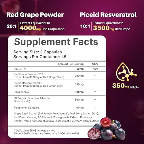 Miniatura 2 de Piceid Resveratrol Suplemento y regenerador de células NAD+, suplemento de óxido nítrico, apoyo a la salud del corazón, flujo sanguíneo, producción