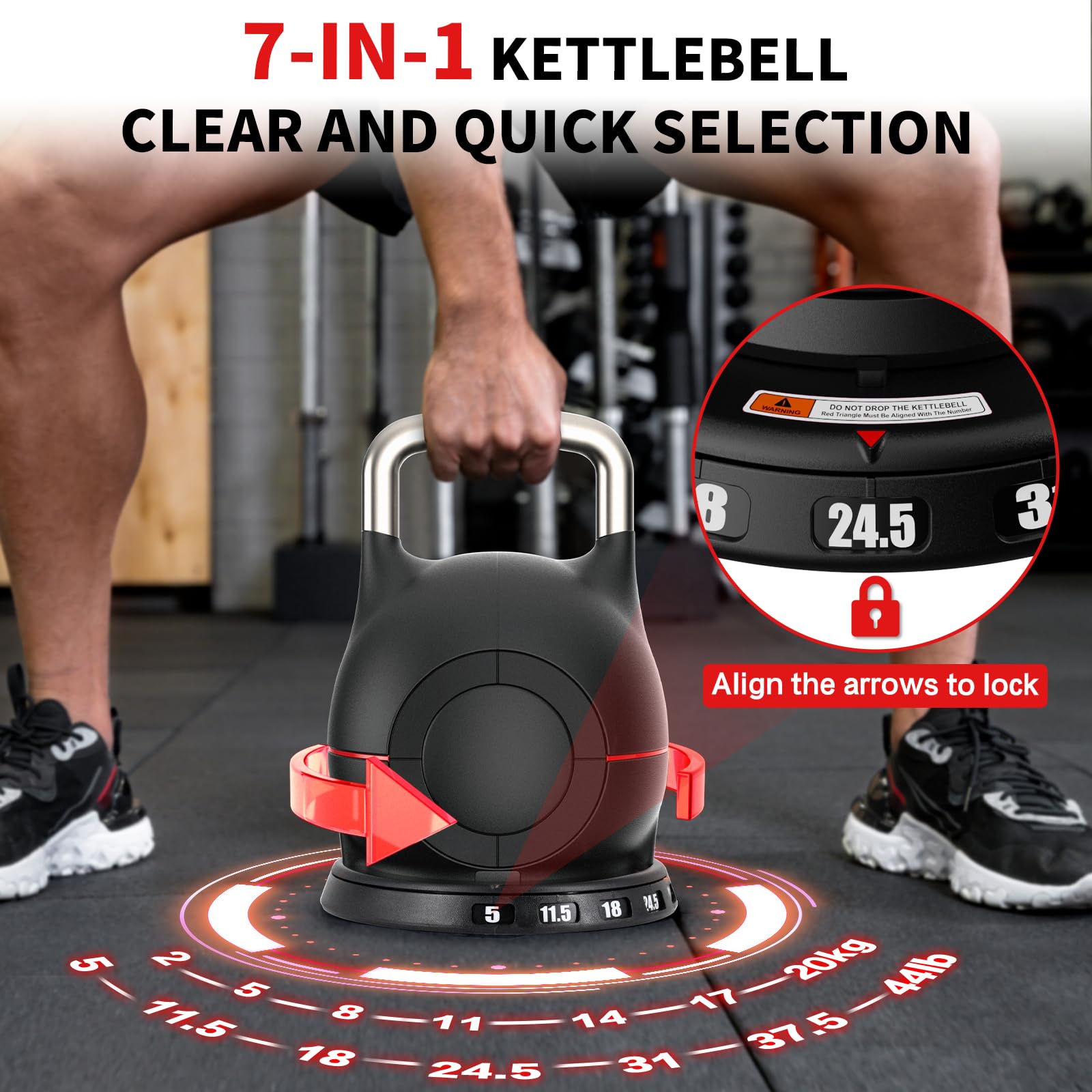 CONREDA Adjustable Kettlebell, 7-In-1 Quick Adjustment Kettlebell Set for Strength Training, 5-44 LBS Adjustable Weights for Home Gym (Black)