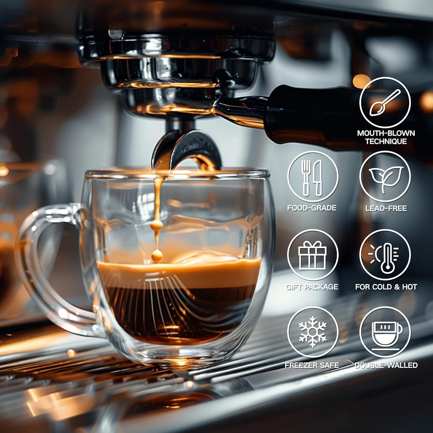 renovon Çift Katmanlı Cam Kupa Bardak 250 ml Lüx Çift Cidarlı kupa - Termos Bardak - İki Duvarlı Yapısı ile Uzun Süre Sıcak-Soğuk Tutma özelliği, Kulplu Kahve Espresso Bardağı Brosilikat double layer Cup