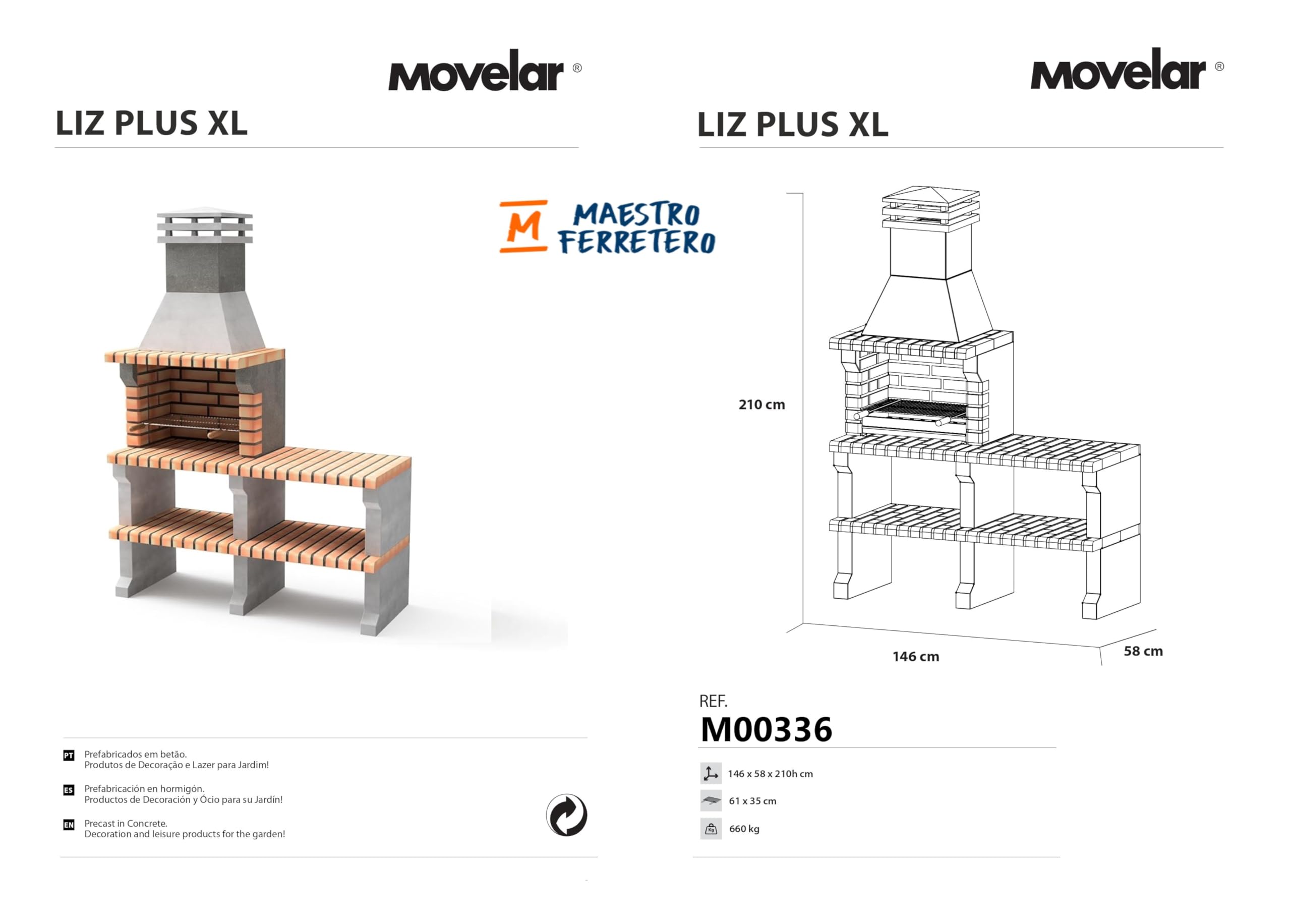 Movelar Barbecue Liz XL con panca senza braciere - 146 × 58 × 217 cm - REF: M00336