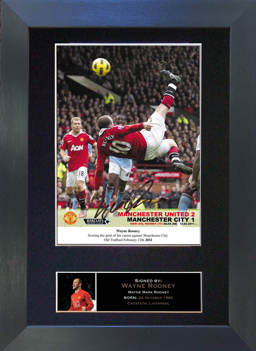 The Autograph Collector Black,Gold Wayne Rooney Overhead Kick Signed Autograph Mounted Photo Reproduction Print A4 Rare Perfect Birthday (297 X 210Mm) #55 (Black Frame)
