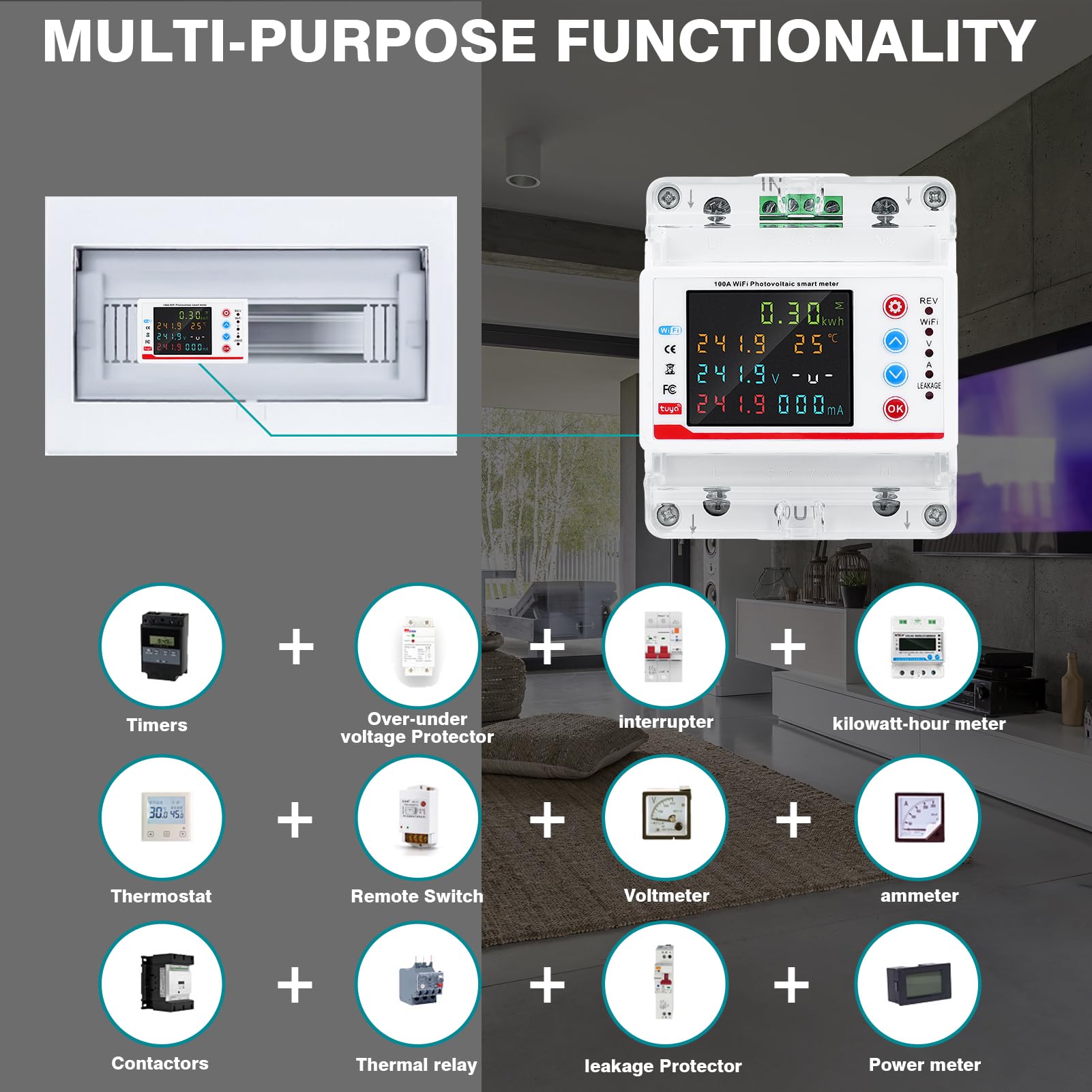 Wifi Misuratore di consumo elettrico 100A 220V AC Contatore Elettrico Wifi Meter Bidirezionale Tuya APP Smart Contatore Luce Sub/sovracorrente/ritardo/tempo/protezione contro le perdite.