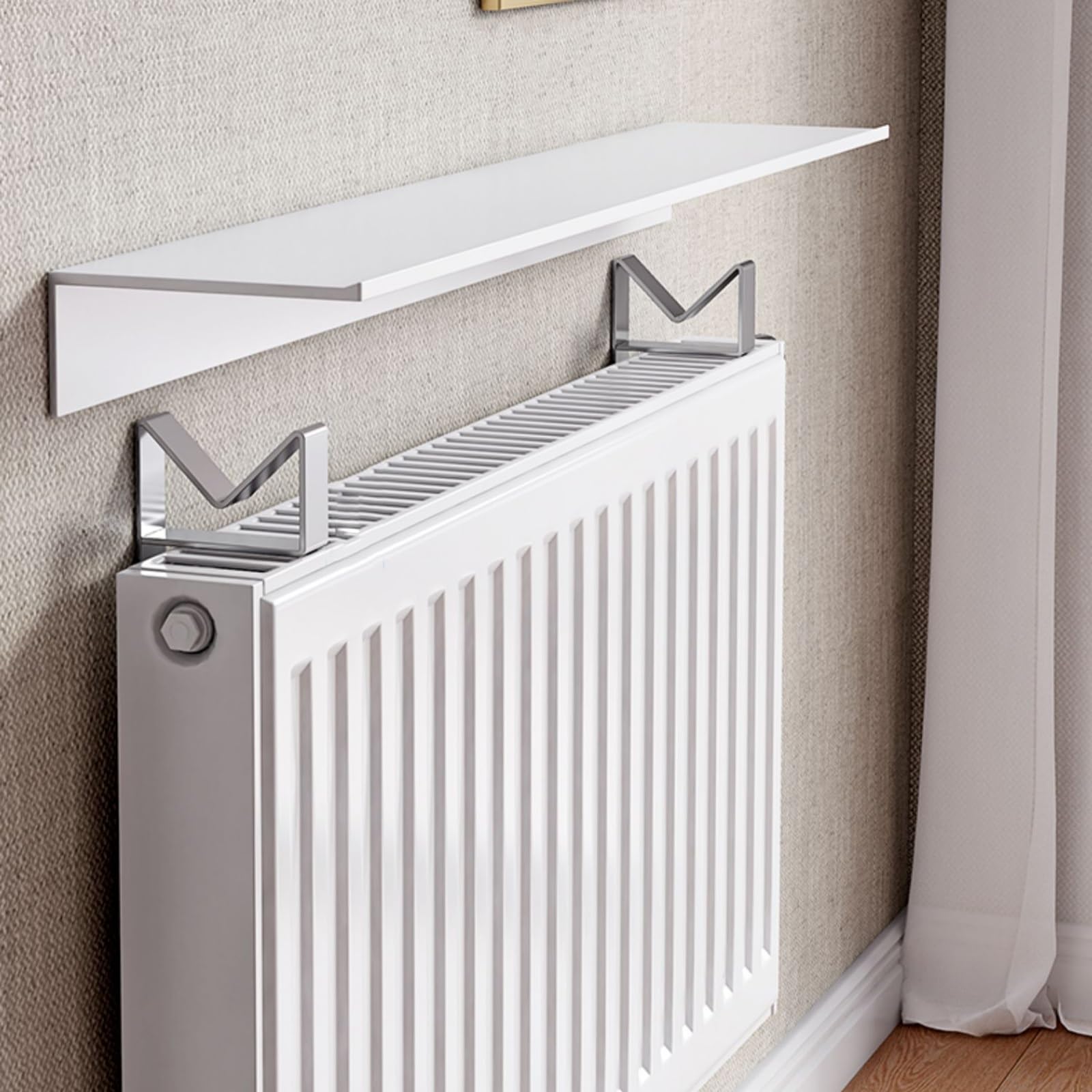 Estante de radiador blanco sin taladrar, estante de calefacción flotante con soporte fácil de montar, cubierta de radiador para el hogar (70 x 14,5 cm), solución de almacenamiento elegante y que