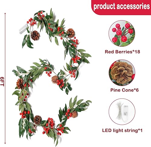 Miniatura 2 de Guirnaldas de Navidad preiluminadas de 6 pies con luces para decoración, hojas verdes artificiales, bayas rojas, piña, decoración de Navidad,