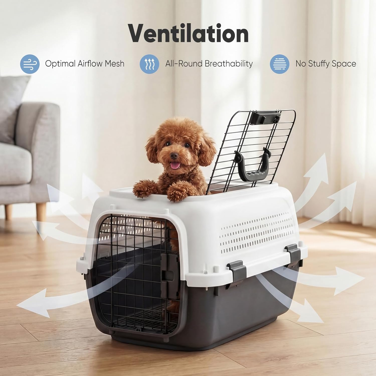 DUMOS 23" Hard-Sided Pet Carrier for Small Dogs & Cats, Airline Approved Travel Crate with Enhanced Security Latches, Front & Top Load Wire Door, Food Bowl for Traveling, Hiking, Camping, White&Black