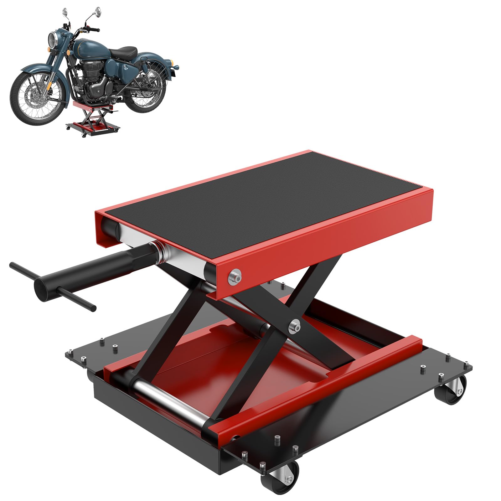 UISEBRT Rangierhilfe Motorradheber mit Rollen, höhenverstellbar bis 500 kg, Motorradhebebühne für Reparaturen von Motorrädern, ATVs & Quads, Einsatz in Garage
