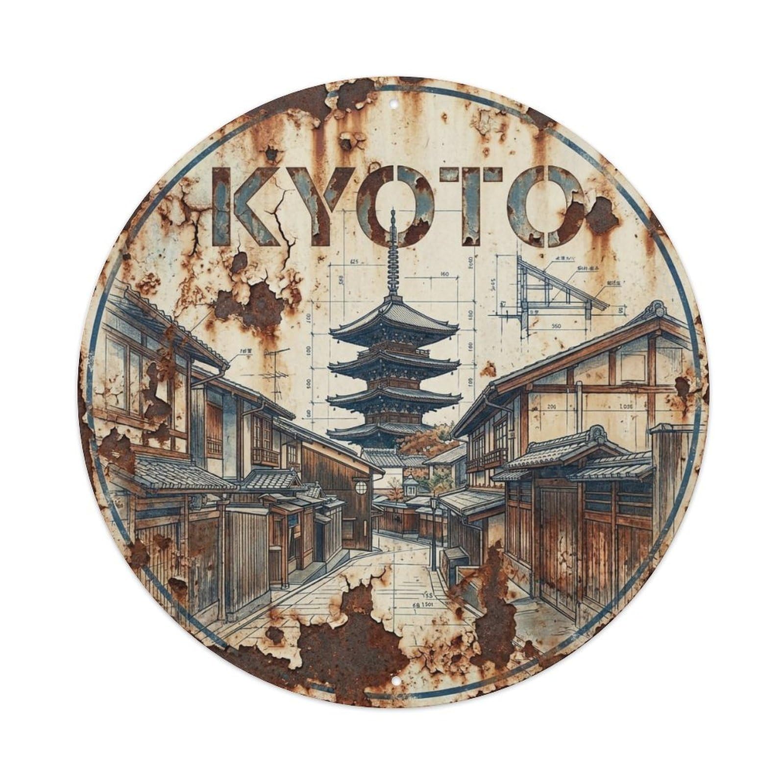 Vintage Travel Kyoto Japan Cityscape Vintage Metal Tin Sign Plaque Wall Decor for Cafe, Club Bar, Office, Garden Metal Poster 8x8Inch