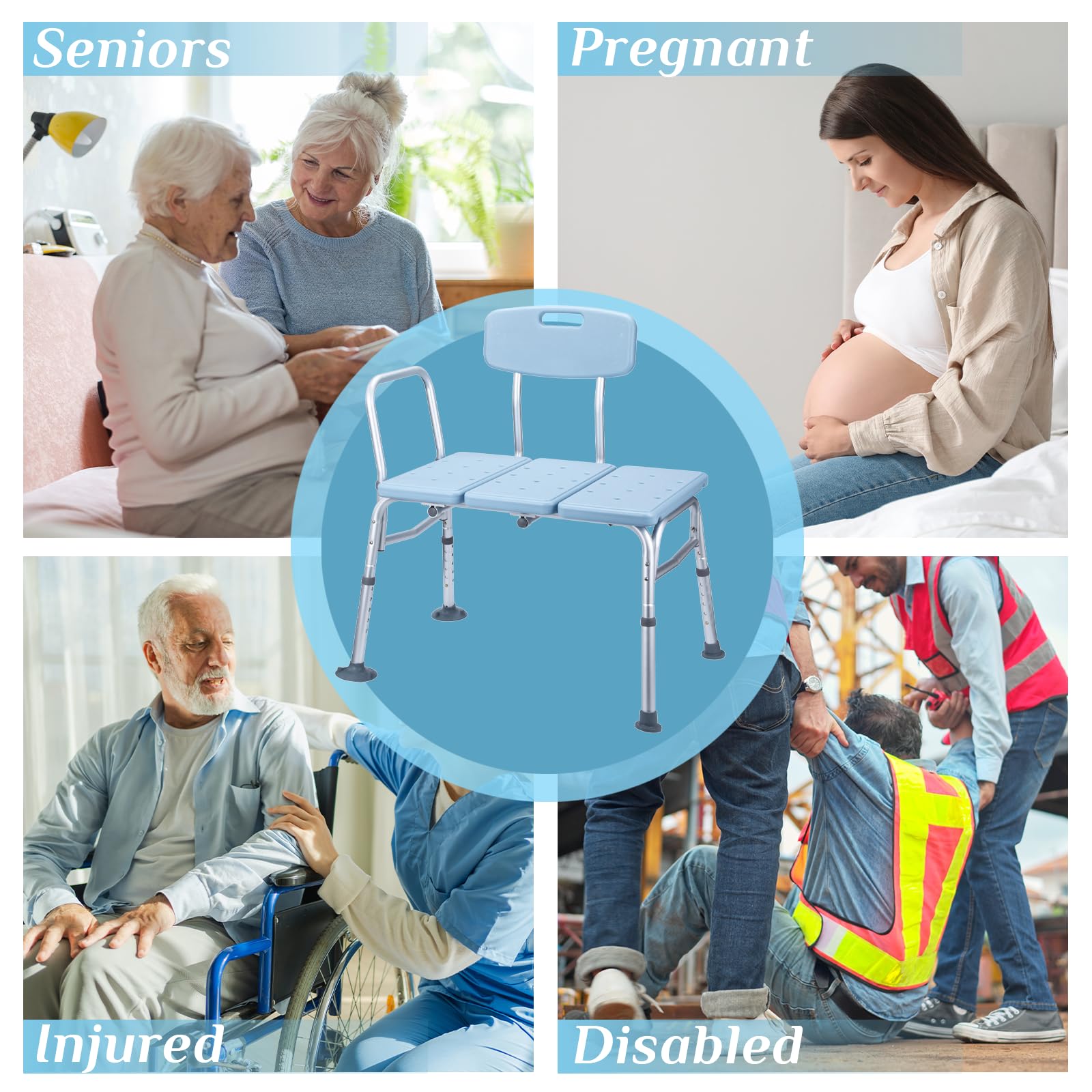 Winado Banco de transferencia para bañera con respaldo y reposabrazos, soporta hasta 330 libras, silla de baño de aleación de aluminio, color azul