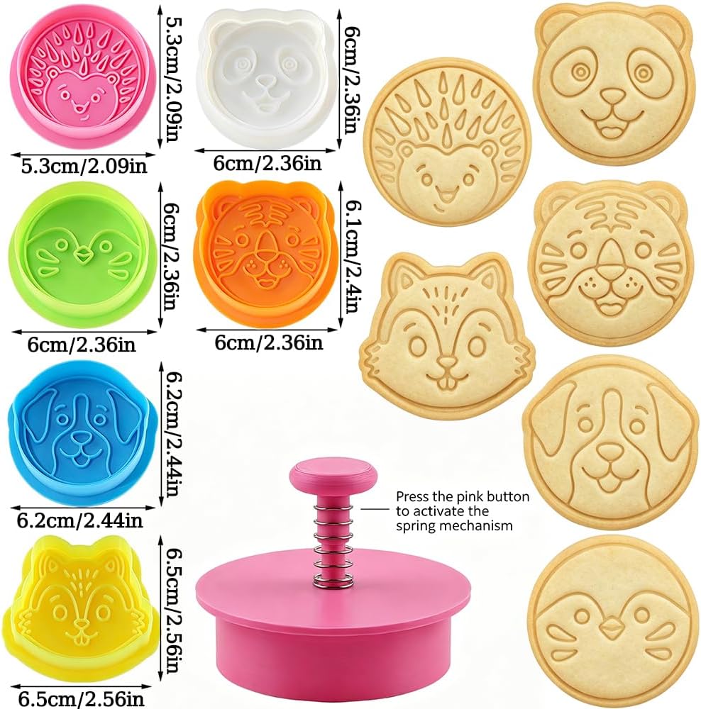 6Pcs 3D Animal Head Plunger Cookie Cutters with Spring Panda Tiger Sparrow Hedgehog Squirrel Dog Cookie Cutter Stampers Plastic Cookies Molds for Baking Cute Animal Biscuit Cutter Fondant Cutters