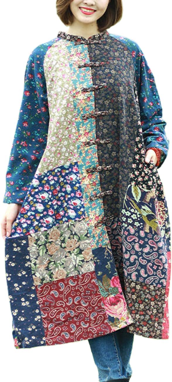 Women's Trench Coat Cotton Linen Floral Print Jacket Chinese Style Patchwork Outwear - Image 2