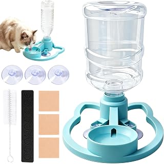 Cat Water Fountain Bowl - Non-Electric Dispenser | 630 ml Bottle | 3 Suction Cups & Anti-Slip Base Mat (165x15.5x7 in/PP Material), Anti-Tipping Waterer For Indoor Cats, Puppies & Bunnies
