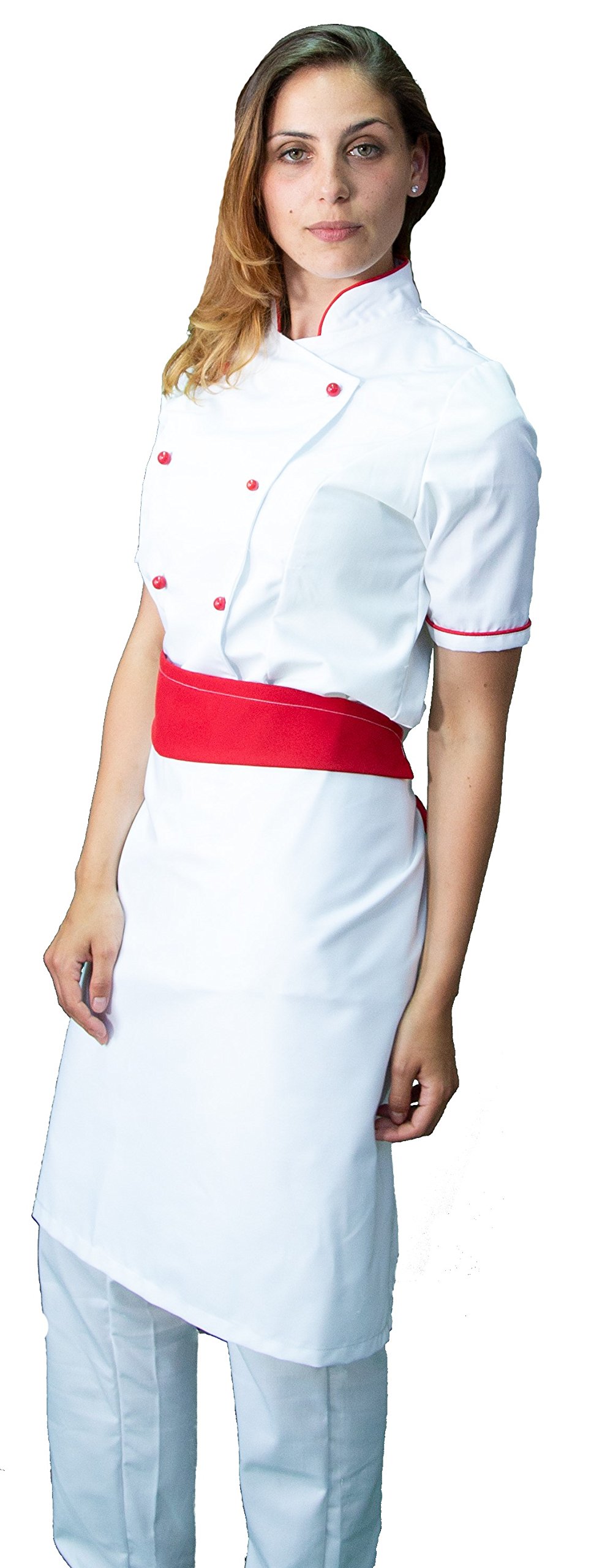 Bordado gratuito – Conjunto de cocinero de cocina – blanco y rojo – uniforme de chef mujer de manga corta – Pantalón, chaqueta y delantal – Fabricado en Italia