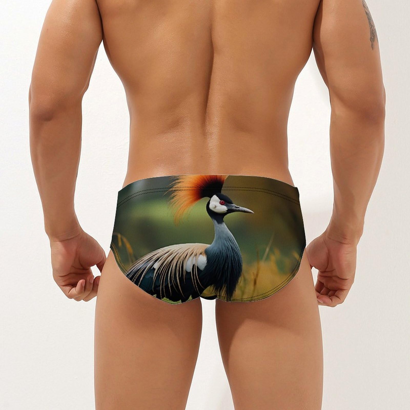 Grey Crowned Crane Mens Swim Briefs Quick Dry Swim Trunk Bikini Underwear Swimsuit 3XL