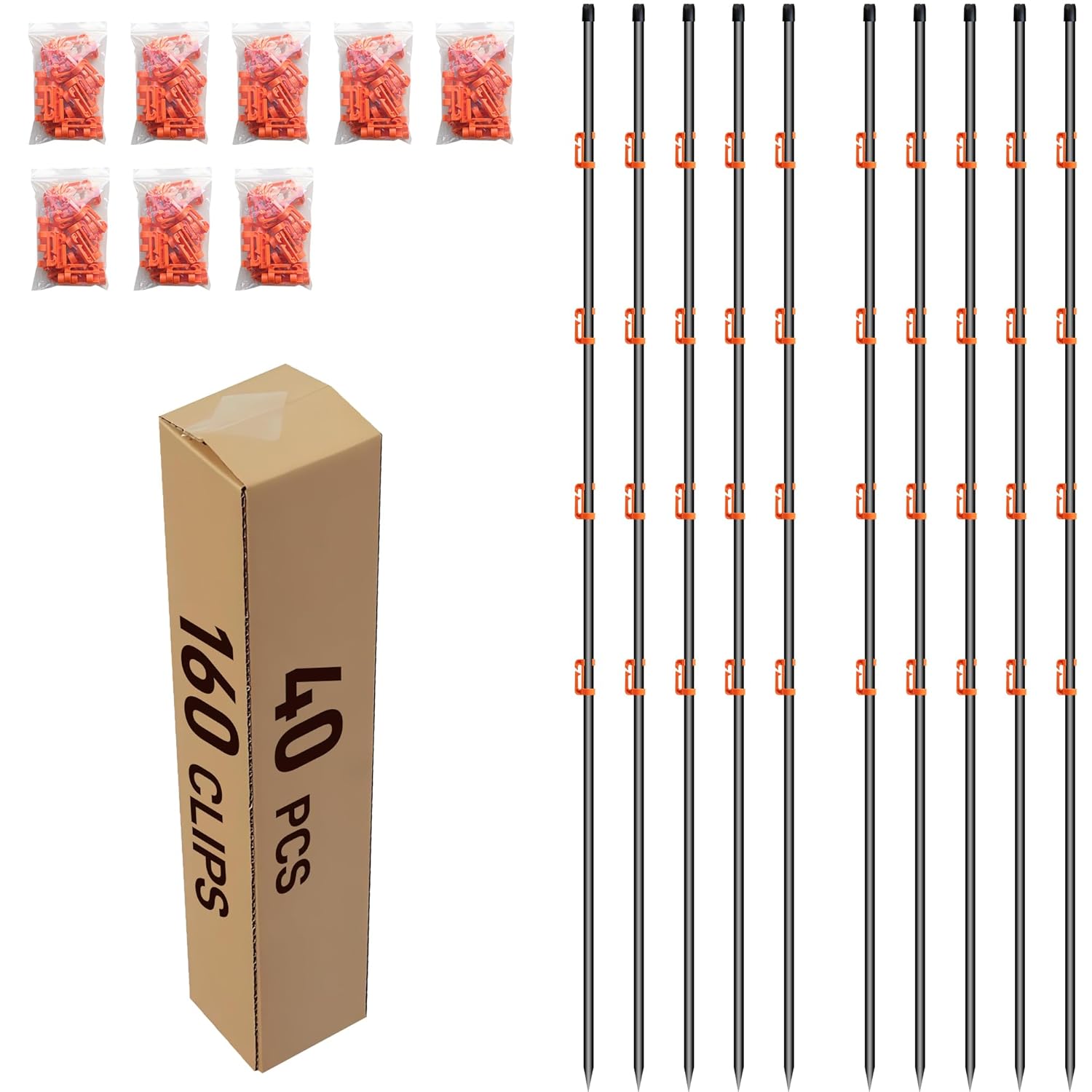 66Inch Fiberglass Electric Fence Posts 40Pcs, Temporary Graden Fence Post with 160 Adjustable Clips, Portable Step in Electric Fence Stakes for Farm, Garden and Horse Goat Sheep Small Animals Fences