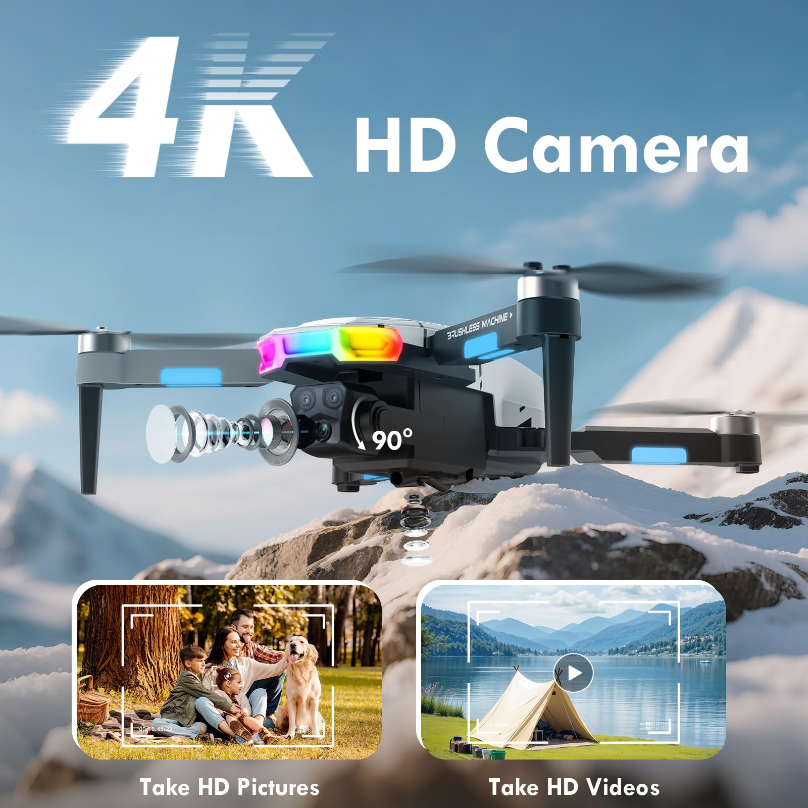 Drohne mit Kamera 4k, Bürstenloser Motor, Faltbare Drohne, 360°Flip, Headless Mode, WiFi, Flugbahnflug, One Key Start/Landen, Spielzeug und Geschenke für Jungen Anfänger, 2 Batterien (Weiß)