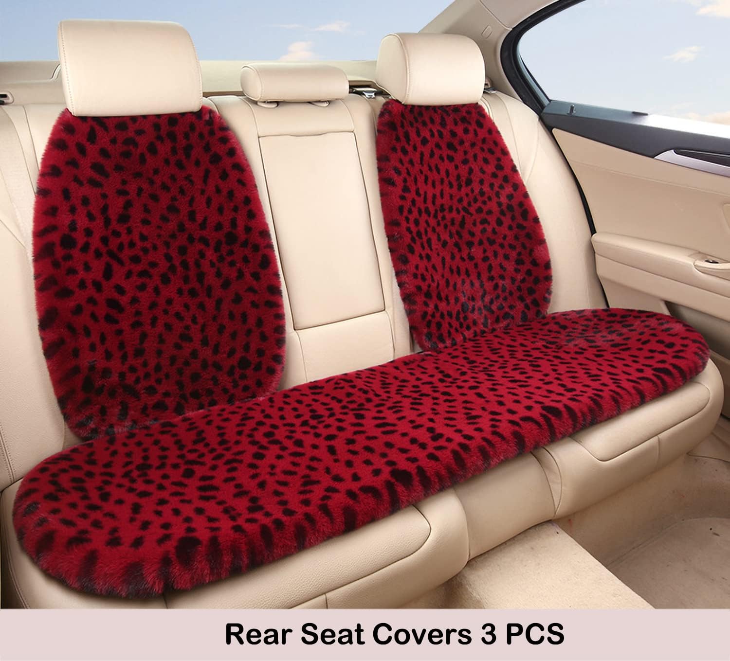 Fluffy Leopard Faux Rabbit Fur Seat Covers for Cars - Universal Fit, Full Set -Red Leopard, Front