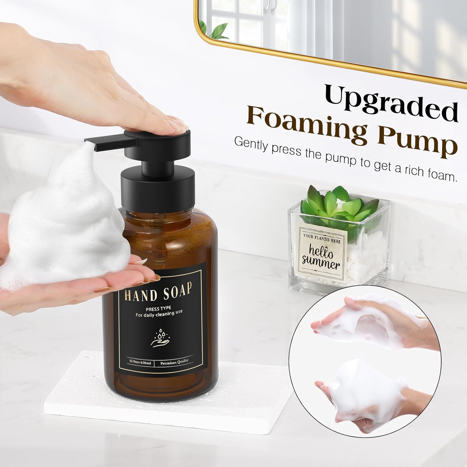 Luxspire Foaming Soap Dispenser, Glass Foam Pump Soap Dispenser, Non-Slip Hand Soap Bottle with 5 Waterproof Labels, 15 Oz Refillable Liquid Soap Bottle for Bathroom & Kitchen, Amber, 2 Pack - Image 2