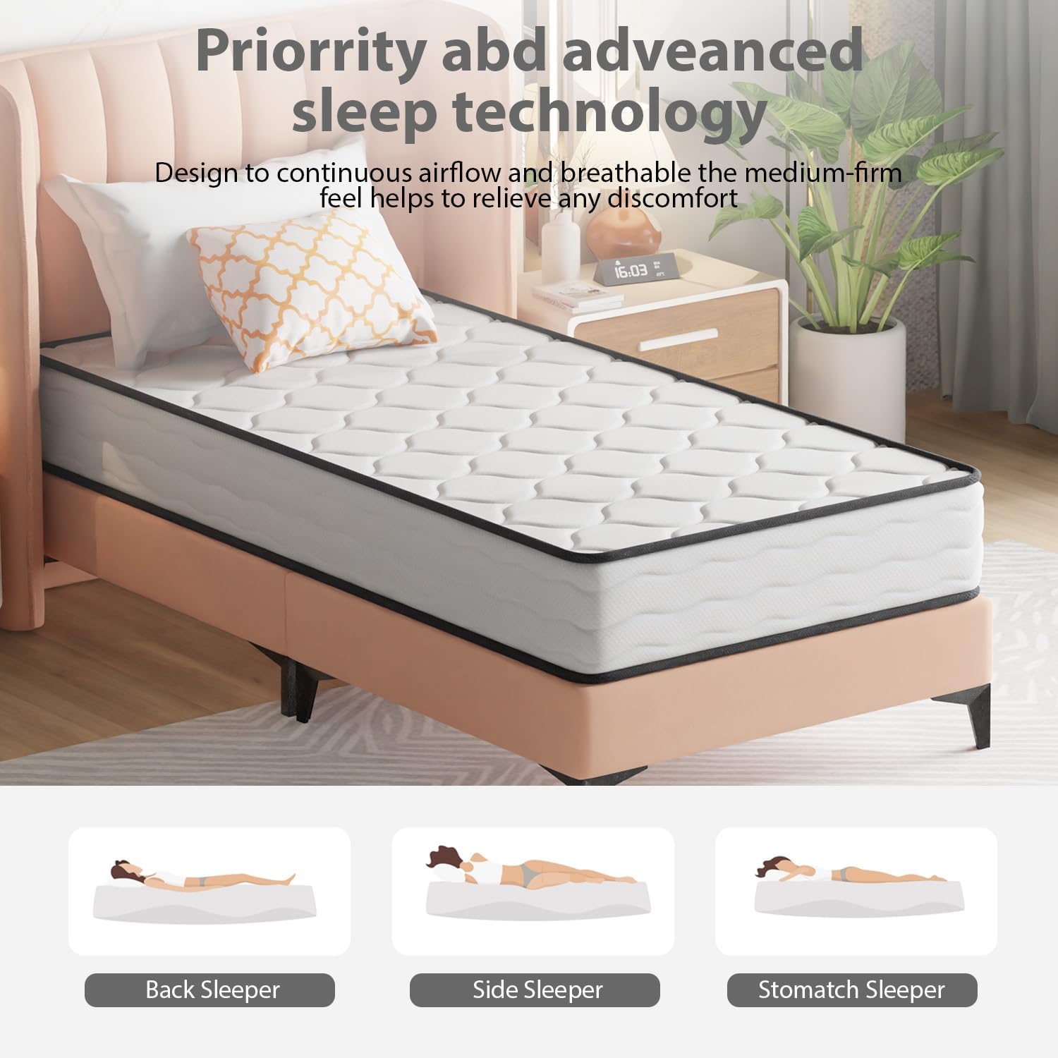 10 Inch Twin Size Hybrid Mattress - Innerspring & Foam, Medium Firm, Pressure Relief, 75