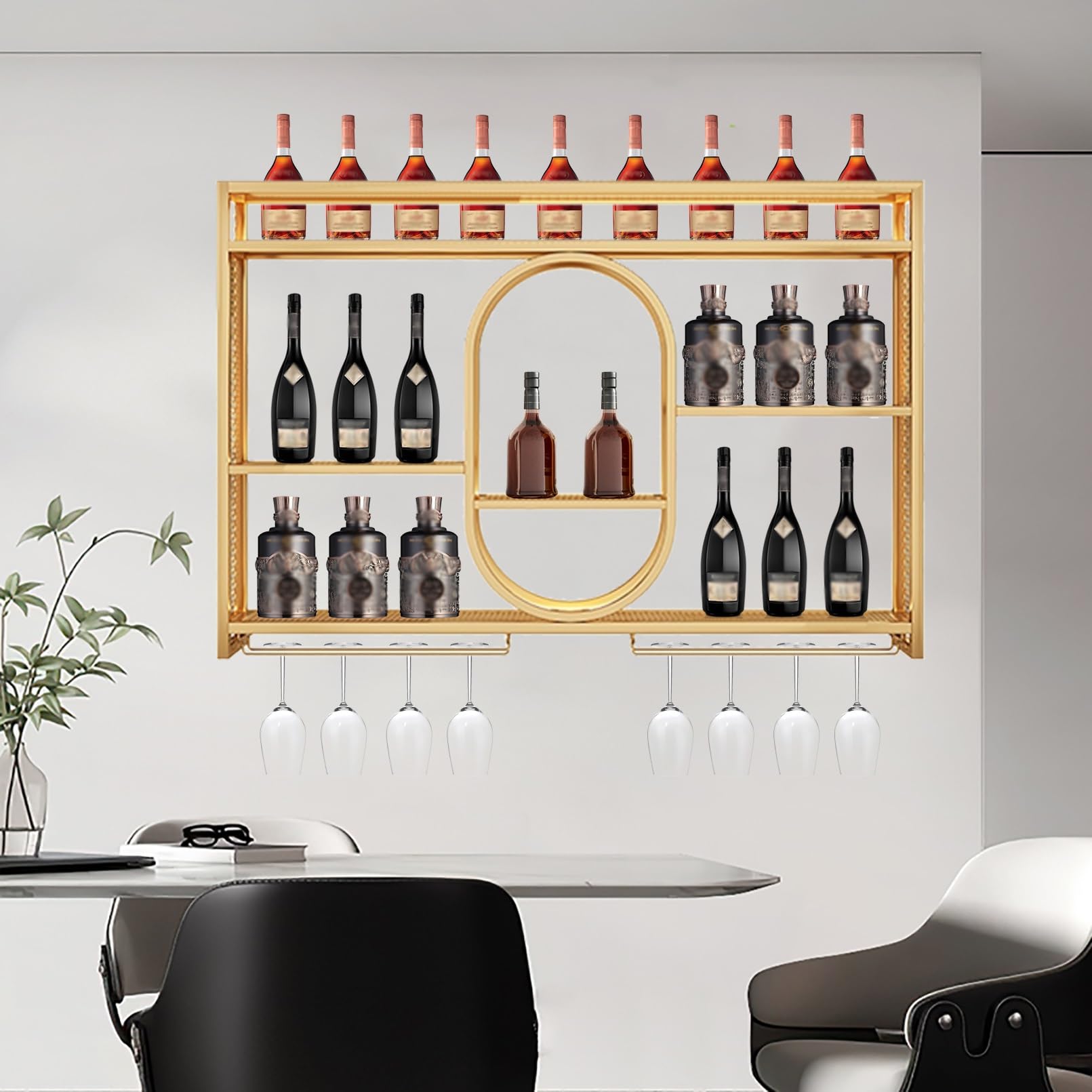 Estante Moderno montado en la Pared con luz LED, Unidad de Bar Colgante para Botellas de Licor, estantería de Almacenamiento con Organizador Flotante con Soporte para Cristales, para la Deco
