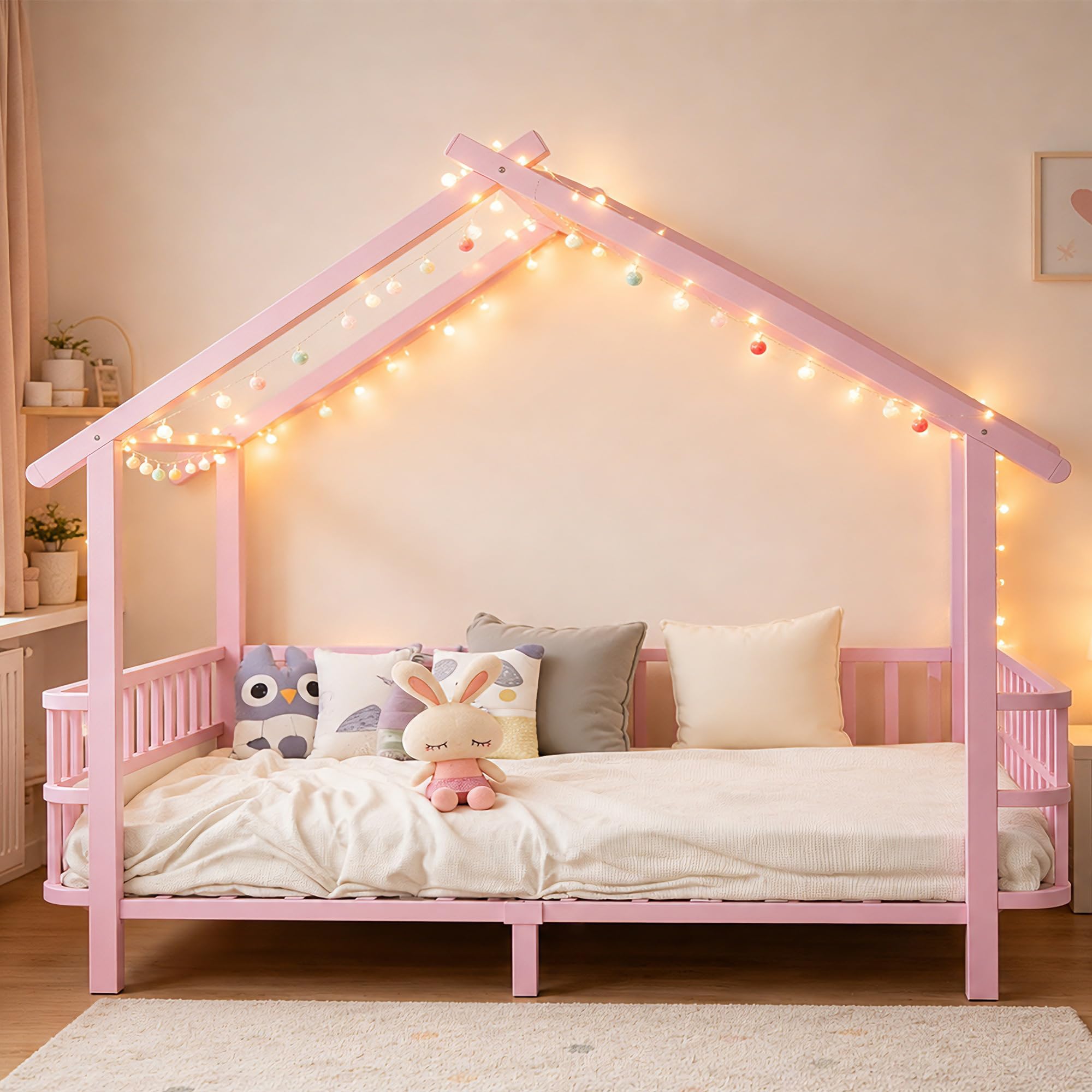 Cuna de metal con forma de casa de 90 x 200 cm con rejilla de seguridad, diseño de techo y marco decorativo para niños y niñas, color rosa