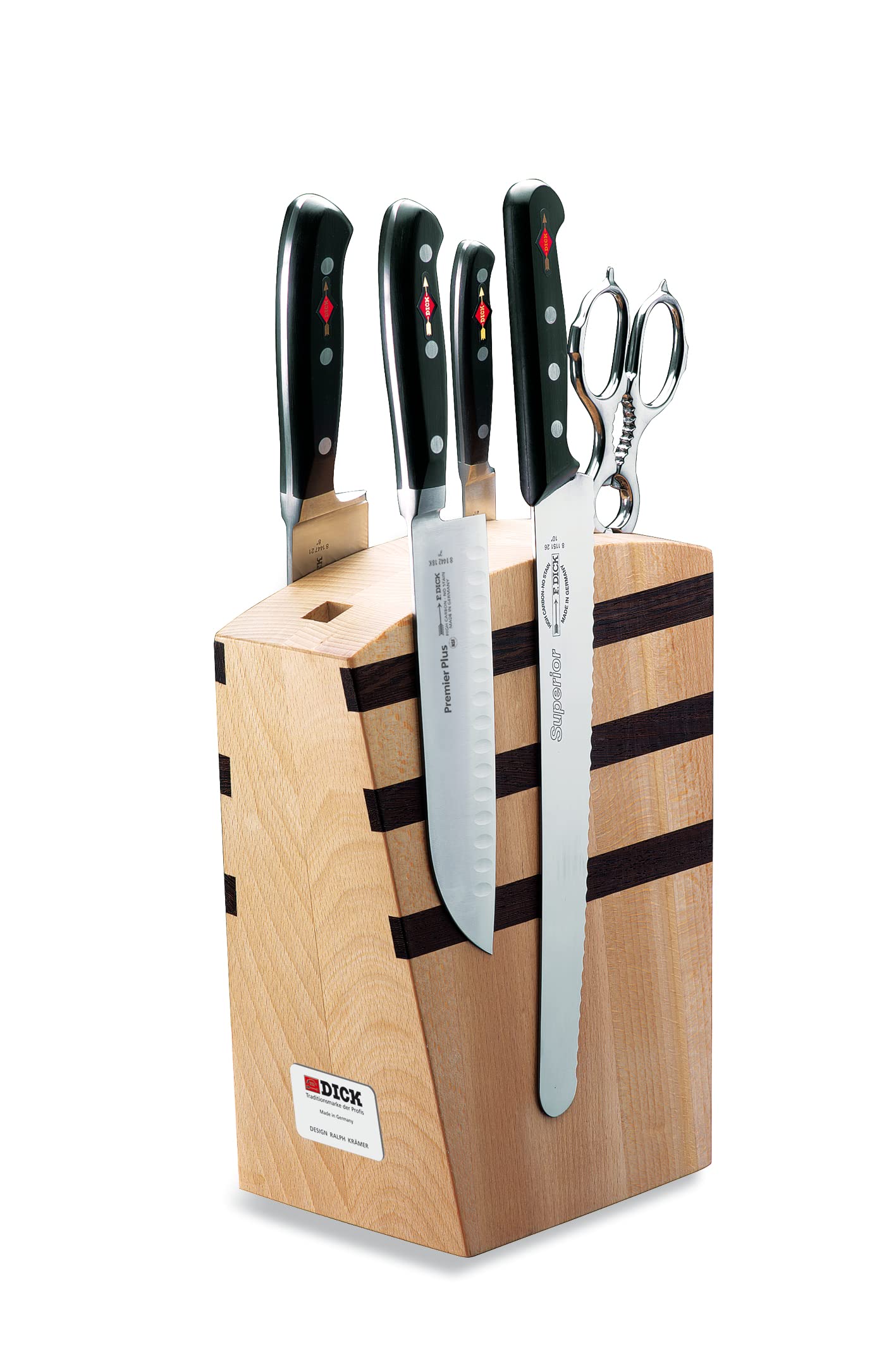 F. DICK Design Blocco coltello Premier Plus 5 pezzi (blocco di coltelli in legno di faggio con magnete, incl. coltello da cucina, Santoku, coltello da ufficio, coltello da cucina) 88 090 000