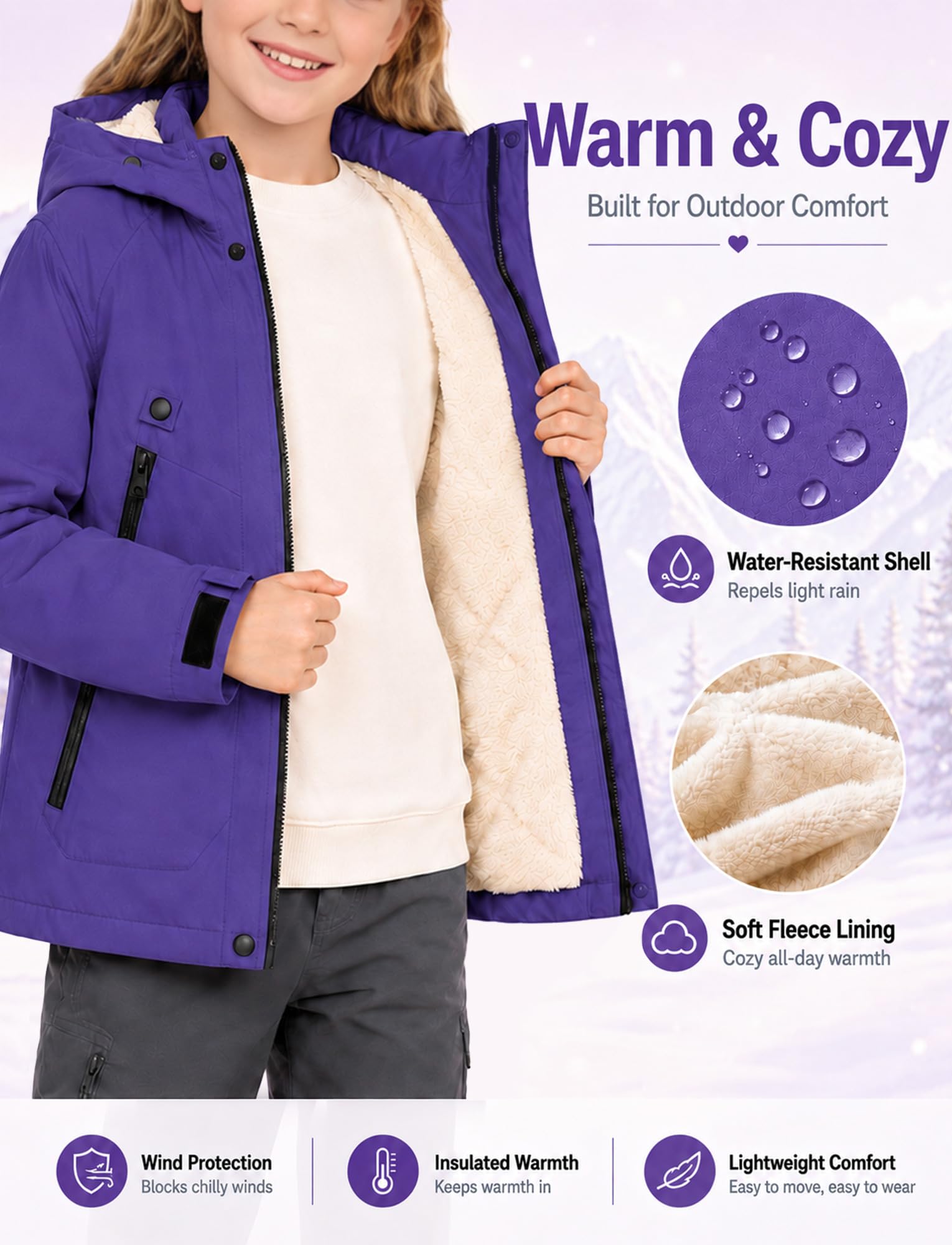 Manteau d'Hiver Imperméable Fille Garçon Veste de Ski Coupe-Vent à Capuche Blouson Doublure en Polaire Décontracté 4-13 Ans