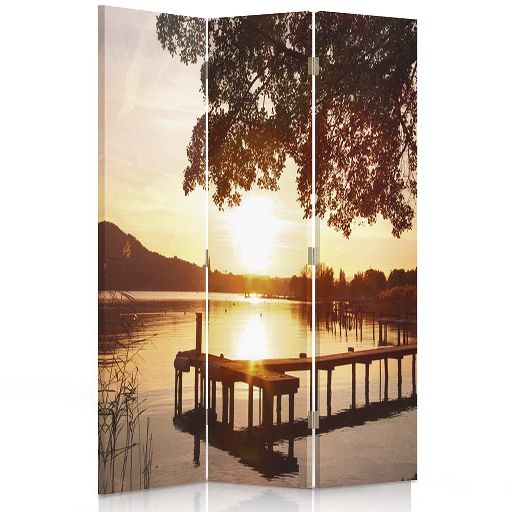 Feeby Paravent Port 3 Panneaux lac 110x180 cm Une Seule Côté Cloison de séparation Écran Pliant Foto Paravent Interieur Décoratif Mur Espagnol Impression sur Toile Chambre d'enfant Salon Bureau Jaune