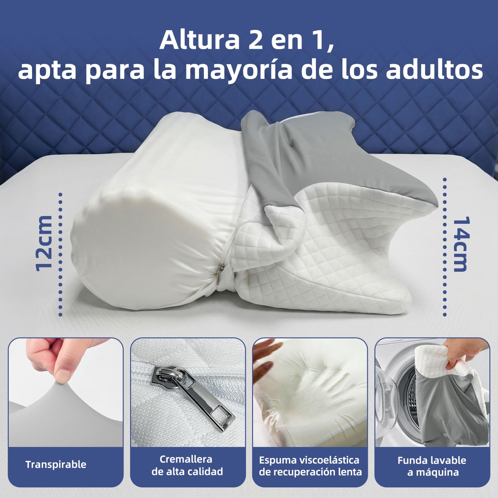 Almohada 2 en 1 de Espuma con Memoria, Ergonómica y Reversible | Doble Altura Soporte Cervical Perfecto para Dormir de Lado, Boca Abajo y Espalda, 60x42x14/12 cm, Gris y blanco