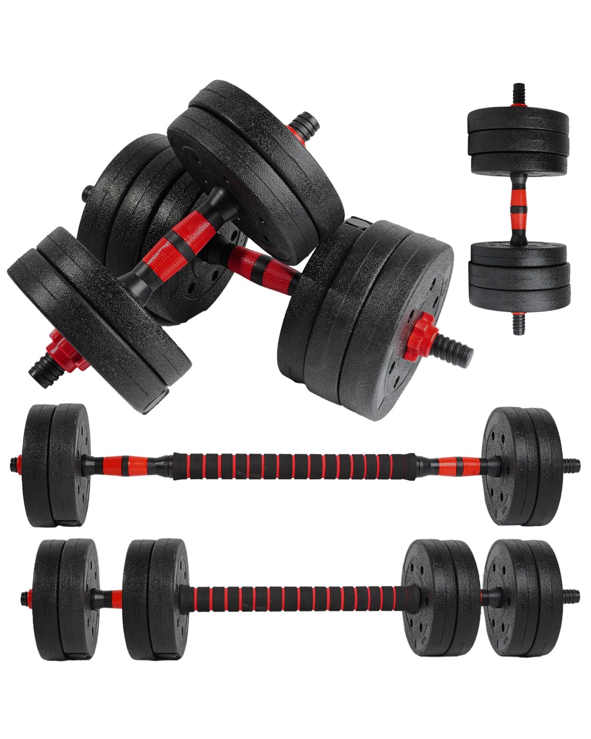 unycos - Mancuernas Ajustables【Discos de Cemento | 10-40 kg】con Barra Recta de Conexión | Pesas Ergonómicas para Hombres y Mujeres, Gimnasio en Casa, Fitness (Red/Orange Transformer)