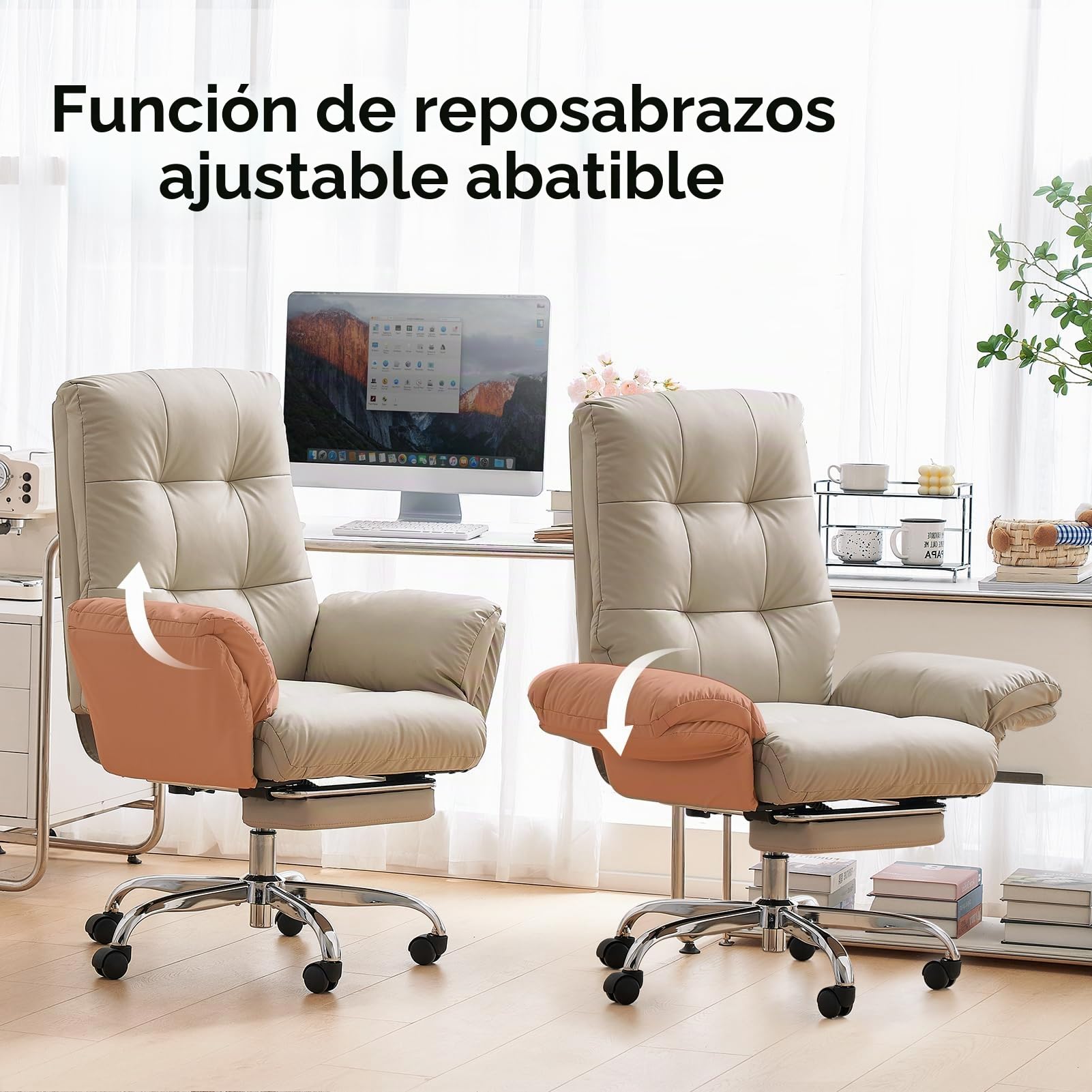 EMIAH Silla de Oficina Ergonómica con Reposabrazos Abatibles,Cuero PU,Beige | Silla de Escritorio Ejecutiva Reclinable con Reposapiés, Sillón de Ordenador, Cómoda Silla de Ordenador Tocador con Ruedas