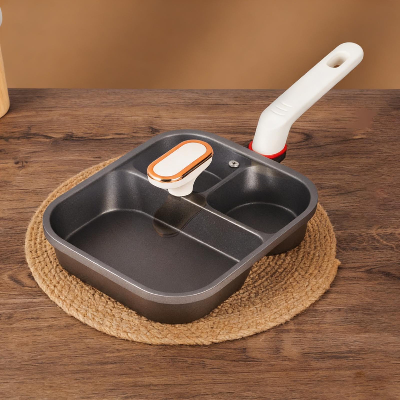 Padella Uova Antiaderente Pentola da colazione a 3 scomparti | Tegamino Divisorio con Coperchio e Spatola in Silicone Per preparazione pasti a base di uova e cottura colazione