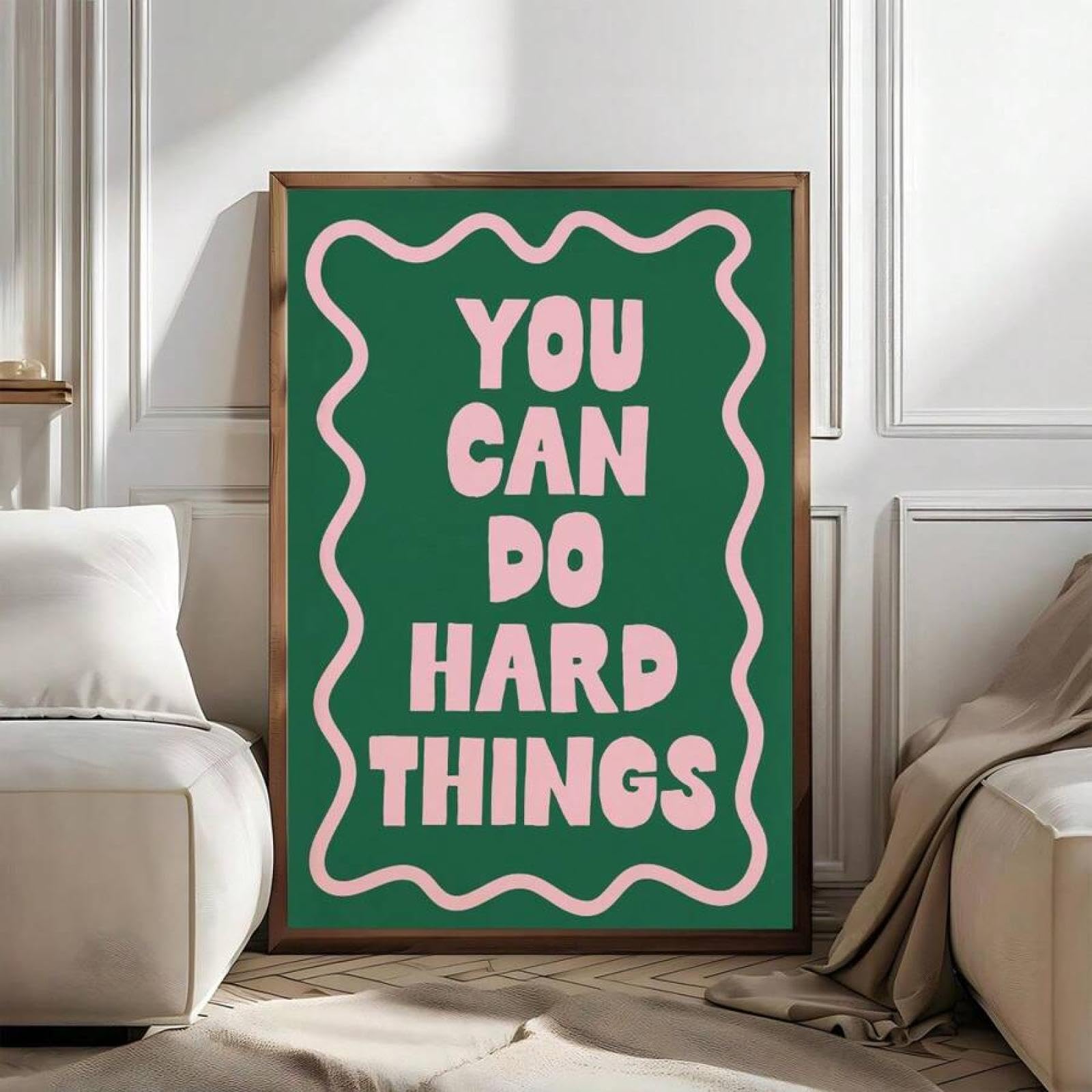XINBAO Arte murale, stampa su tela You Can Do Hard Things, poster rosa e verde, poster di affermazione con promemoria giornaliero, camera da letto femminile 80x110 cm con cornice