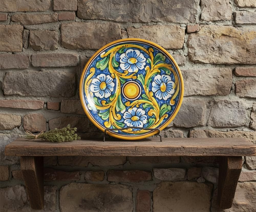 Saliera In Ceramica Siciliana Barocco Art 15 – Decorata A Mano A Santo Stefano Di Camastra, Colori Blu Giallo Verde Rosso, Misura 14x23 Cm