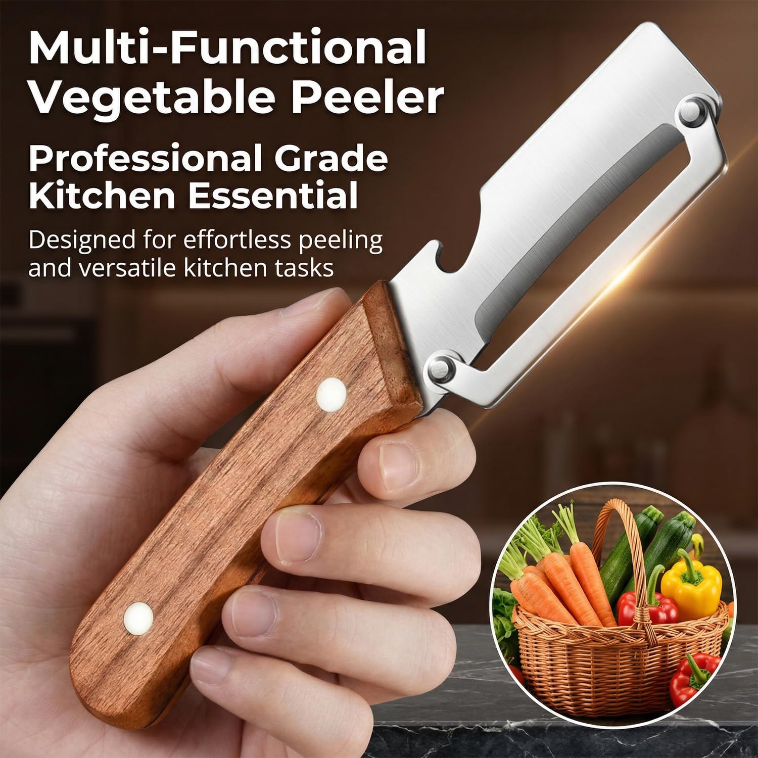 MultiFunctional Vegetable Peeler for Kitchen, Vegetable Peeler with Wooden Handle and Bottle Opener, 2-in-1 Stainless Steel Kitchen Peelers for Fruit Veggie Apple Potato Pumpkin Papaya(1PCS) — view 4