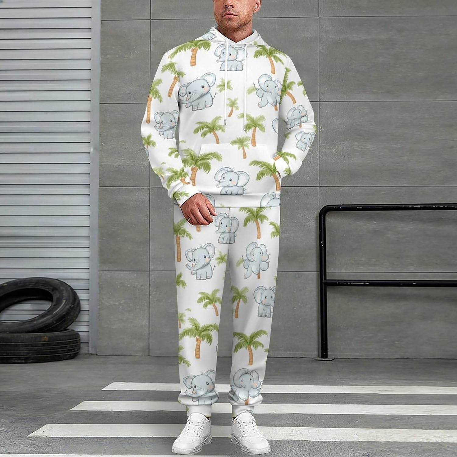Cute Elephant And Palm Tree Men's Hooded Set Casual 2 Pieces Suits Pullover Tracksuit Hoodies And Sweatpants
